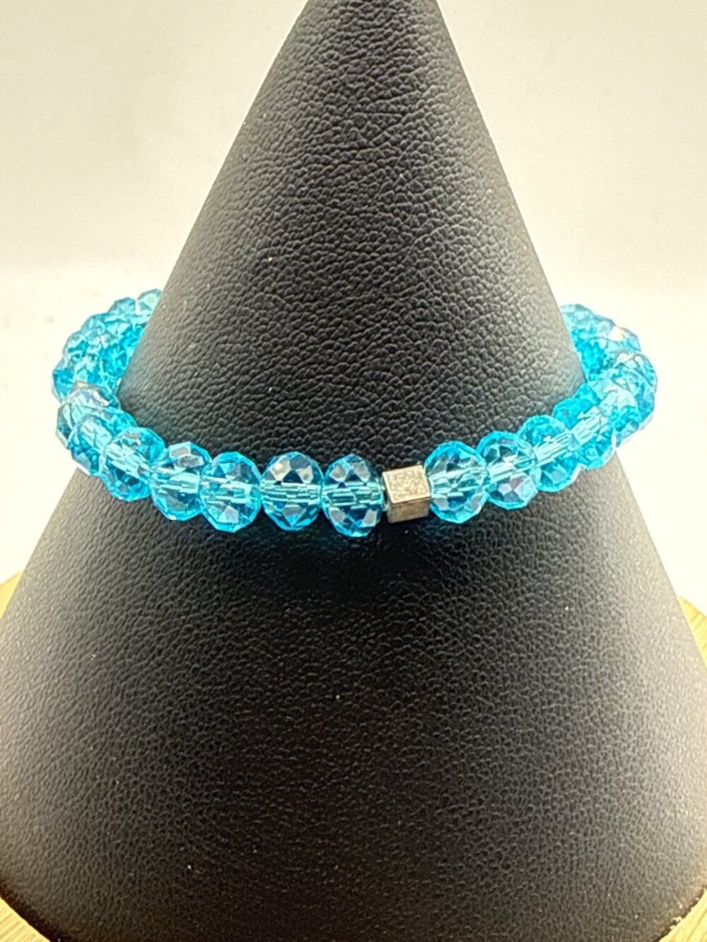Aqua Blue Faceted Crystal Stretch Bracelet Silver Cube Bead Y2K Mermaidcore
